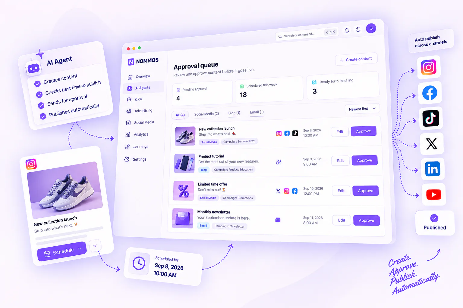 Nommos approval queue showing an AI-generated social post awaiting review, with approve, edit and reject actions