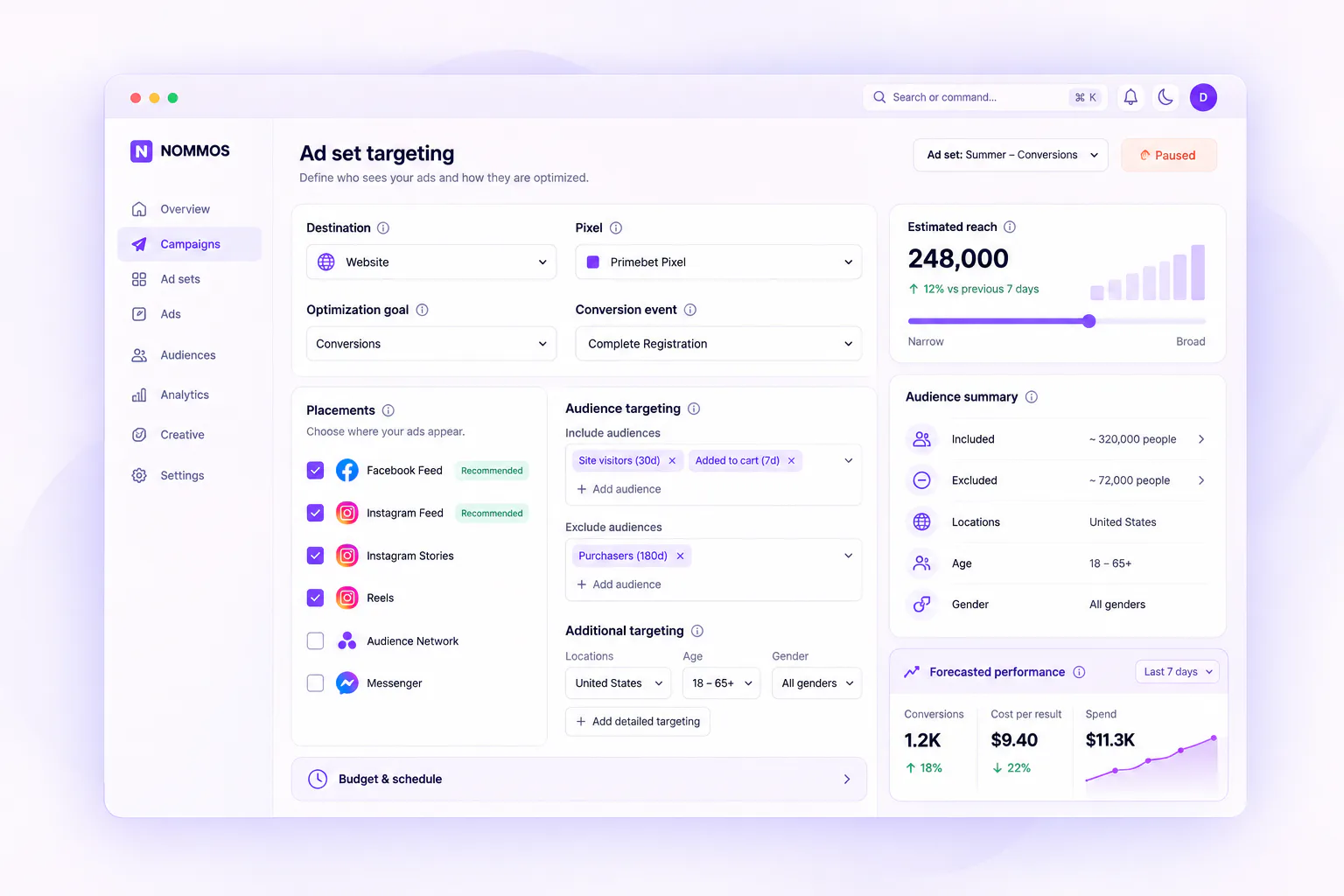 Nommos Meta ad set targeting with individual placement selection and retargeting audience inclusion and exclusion